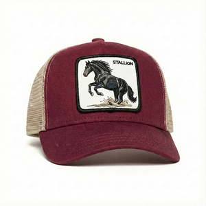 ヴィンテージ バーガンディ コットン 3D 刺繍 馬 雄馬 動物 パッチ カスタムロゴ メッシュ トラッカーハット - Product Image 2