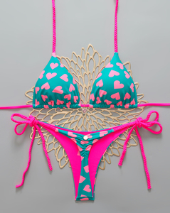 New Women's Bikini Split Swimsuit <b>Beach</b> Vacation Biquini Swim Bathing Suits Halter Lace-up Tops <b>Thongs</b> Y2k Heart Print Swimsuit - Product Image 4