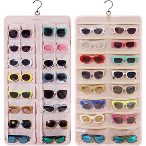Organisateur de lunettes de soleil suspendu mural, étui de rangement double face rose 33x15x85cm en polyester - Product Image 1