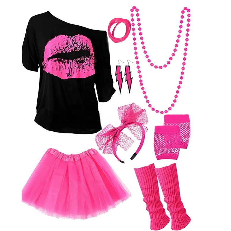 Ensemble d'accessoires de costume des années 80 T-Shirt Tutu Bandeau Boucle d'oreille Collier Jambières