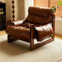 Fauteuil simple en cuir ciré de style rétro ; Fauteuil confortable avec structure en bois massif, adapté aux salons et aux hôtels
