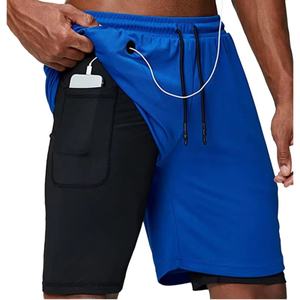 Shorts de sport pour homme 2 en 1 pour la musculation et le crossfit avec poche intérieure pour téléphone, shorts de course décontractés en tricot avec cordon de serrage - Product Image 1