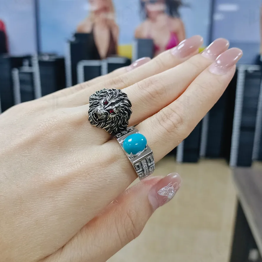 Yilun Hoge Kwaliteit 925 Sterling Zilver Turquoise Ring Rhodium Vergulde Zirconia Grieksleutel Ontwerp Turquoise Stenen Ring Voor Mannen