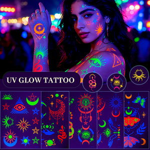 Tatouages temporaires phosphorescents OEM ODM, autocollants lumineux Boho Soleil Lune Serpent Œil Maléfique pour Festivals - Product Image 4