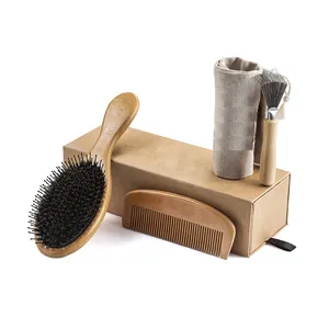 hot selling bamboo brush wooden comb OEM logo Boar Bristle Hair Brush Set