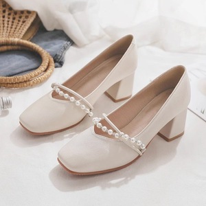 Elegantes Sandalias Blancas de Satén con Tacón, Punta Cuadrada, Tacón Medio Grueso, Decoración de Perlas, Zapatos de Mujer Sin Cordones - Product Image 3