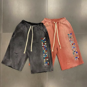 Pantaloncini <span class=keywords><strong>Bermuda</strong></span> da Uomo in Cotone 100% Personalizzati con Strass, Stile Streetwear, Effetto Acido, Vestibilità Larga, per Attività Sportive - Product Image 1