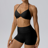 Ensemble de sport 2 pièces ajusté à rayures contrastées pour femme, avec brassière de sport dos nu et short de cyclisme, en nylon et élasthanne doux pour la peau