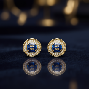 Boucles d'oreilles clous islamiques en or avec saphir bleu et halo de diamants pour femme, bijoux classiques en or massif 18 carats pour le quotidien - Product Image 2