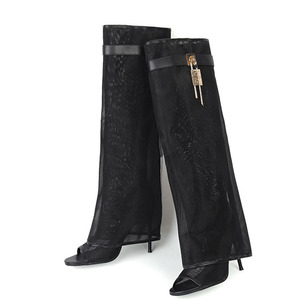 Fishnet Overlay Knee High <b>Boots</b> Women Mesh Pants High Heels Stiletto Metal Shark Lock Summer Shoes Peep Toe Sandals - Product Image 6