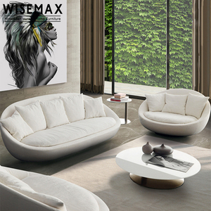 WISEMAX FURNITURE Nordic Living Room Furniture Round <strong>White</strong> Swivel Sofa Chair Shell Shape Linen Fabric <strong>Double</strong> Sofa with Pillow - Product Image 2