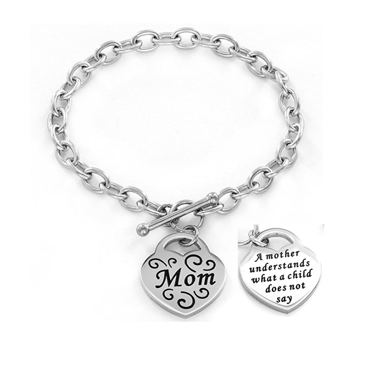 Factory Wholesale Heart Shape Stainless Steel Customized Inspiration Words Engraved Bracelet Adjustable Chain