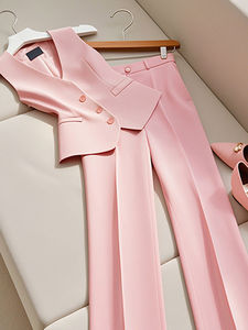 Abito <span class=keywords><strong>rosa</strong></span> alla moda da donna <span class=keywords><strong>pantaloni</strong></span> stile coreano ispirati al gilet di fascia alta con vestibilità ampia a modello solido - Product Image 3