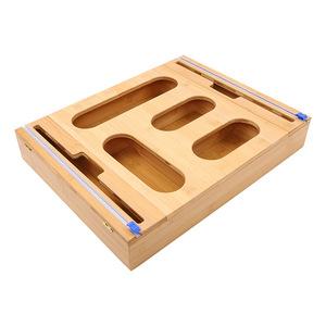 Bamboo <b>Storage</b> <b>Box</b> 4-Compartment Wall Mounted <b>Kitchen</b> Drawer With Cling Film Cutter Punch Free Lacquered Finish - Product Image 5