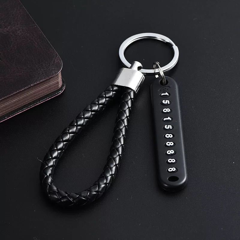 Llavero Antiextravío Con Tarjeta Para Número De Teléfono - Cuero Negro Y Rojo (unisex)