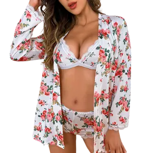 Eing238 Nieuwe Ontwerp Rose Flower Nachtkleding Plus Size Vrouwen Satijnen Pyjama Sexy Lingerie Ondergoed Nachtjapon