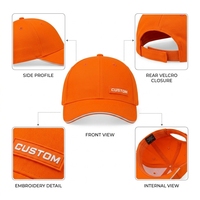 Gorra deportiva naranja al por mayor, perfil alto, parte delantera estructurada, tela de algodón, logotipo de goma personalizado, cierre de velcro, servicio de proveedor