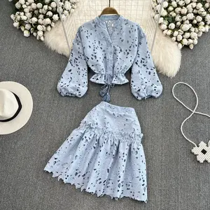 V-neck hollowed-up embroidered lantern sleeve short blouses for women two-piece set bump high waist slimming A-line skirt