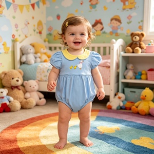 SR3561 rts Mono de bebé niña amarillo liso con bordado, conjunto de burbujas para bebé, de algodón y spandex - Product Image 3