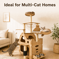 Arbre à chat personnalisé, écologique et durable, multi-chats, en sisal et feutre, design moderne et luxueux, 134 cm, avec hamac, capsule, gamelle et station d'alimentation, en carton