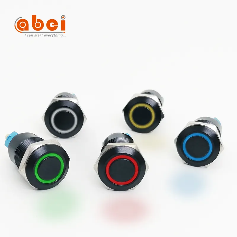 16mm latching stainless steel black shell waterproof momentary push button switch with yellow RGB full color led illumination