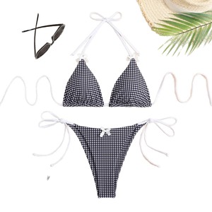 Halter Neck Checkerboard Bow <b>Bikini</b> Women's Tie-Up High-Waisted Swimwear Stretch Fabric Lace Swimming Beachwear 2-Piece <b>Set</b> - Product Image 5