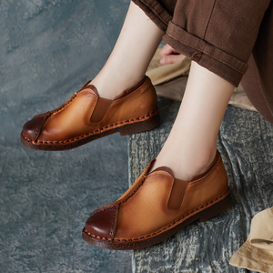 Zapatos Casuales de Moda de Primavera/Otoño, Hechos a Mano, de Cuero, con Punta Redonda, Diseño Retro, Tacón Plano, Suela Suave de Cuero - Product Image 1