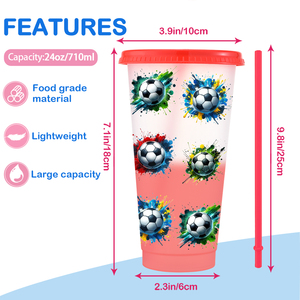 Nouveauté 2026 Gobelets à café glacé en plastique réutilisables de qualité supérieure, anti-fuite, 24 oz, avec impression numérique football, avec couvercles et pailles, pour les fêtes - Product Image 3