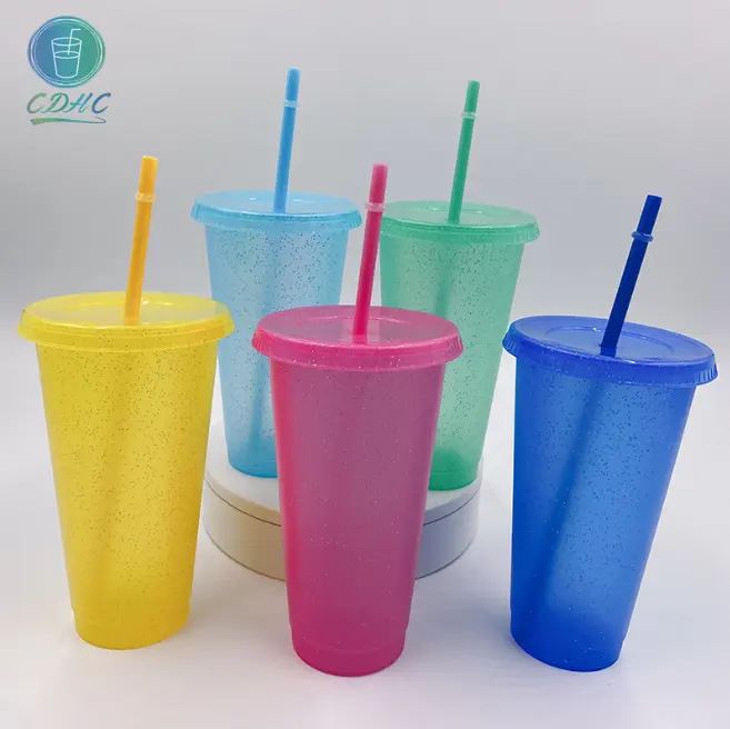 Wholesale Cold Drink Cup Glitter 16oz 24oz Plastic Tumbler BPA Free Reusable cold Cup Shimmer Cold Cups With Lids And Straw
