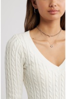 Pull en maille torsadée blanc ajusté à col en V pour femme - Vente en gros Joydressing