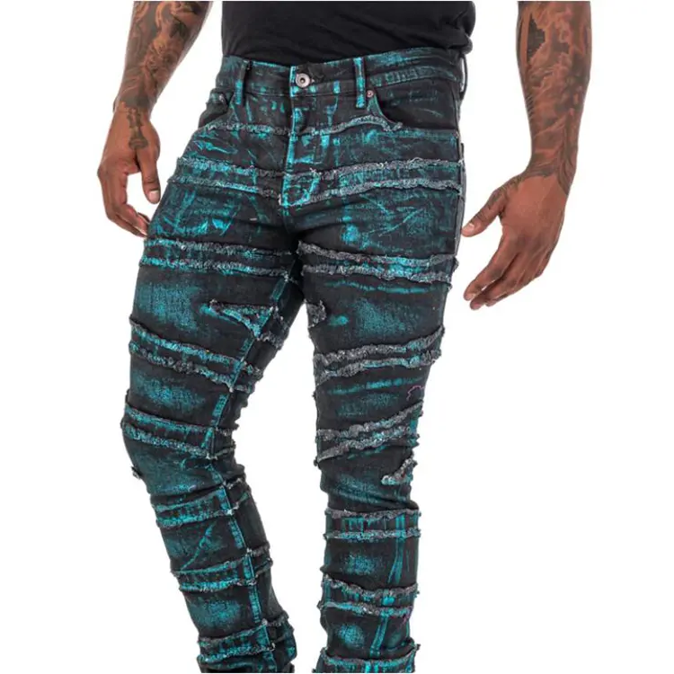 Custom OEM wholesale valabasas skinny fit stretch waxed mens flare stacked patch denim jeans