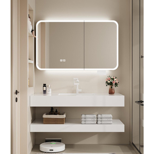 Modern Minimalist Style High-end White Series Integrated <strong>Stone</strong> Basin Single Bathroom Vanity with extra Large Smart Mirror - Product Image 1