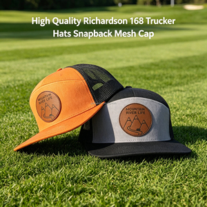 หมวกแก๊ป Richardson 168 ทรง Flat Bill Mesh Trucker แบบ 7 แผง ปักโลโก้หนังคุณภาพสูงตามสั่ง ขายส่ง - Product Image 1