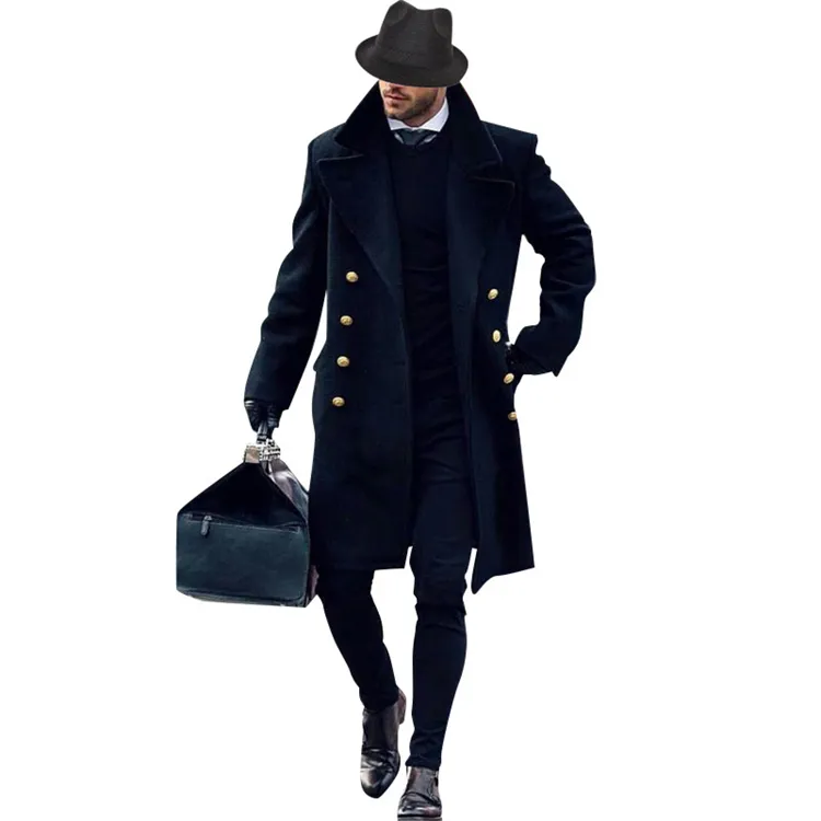 men's luxury long wool overcoat winter windbreaker lapel double breasted trench winter coat men