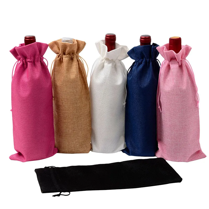 Vente en gros sac à vin en jute coloré écologique personnalisé sac à cordon en jute avec logo personnalisé