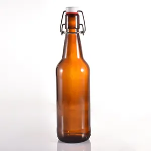 Venda imperdível garrafa de cerveja de vidro âmbar de 17 onças, recipiente com tampa para cerveja caseira, garrafa de 500 ml marrom, com rolhas