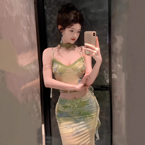 Traditional Chinese Women Two Piece Set Printed Top And Long Skirt Green Party Casual Wear Polyester Fiber - Product Image 1