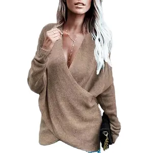 탑 패션 여성 의류 솔리드 여성 스웨터 V 넥 프론트 랩 니트 아크릴 표준 가을 풀오버 터틀넥