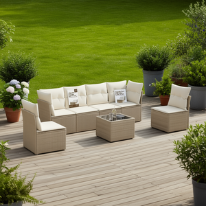 Adjustable <b>Feet</b> Beige Poly Rattan Garden <b>Sofa</b> Set 6 Seater Outdoor Furniture Contemporary Design - Product Image 2