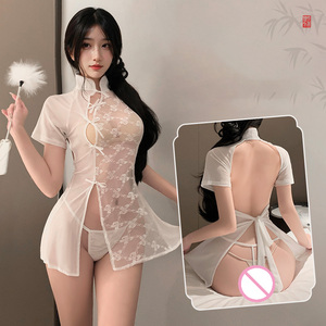 Lingerie Sexy da Donna in Stile Antico con Pizzo Floreale Trasparente, Cheongsam Erotico con Seno e Glutei Esposti - Product Image 3