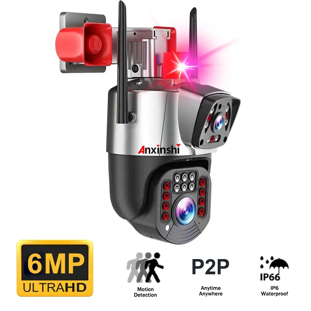 Anxinshi IP66 theo dõi con người ống kính kép 6MP Camera không dây Wifi PTZ Mạng máy ảnh với sừng miễn phí