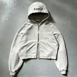 High Quality Custom Heavyweight Terry Cotton Blank Acid Wash <b>Zip</b> <b>Up</b> Hoodies Men Oversized <b>Cropped</b> Boxy fit Man <b>Hoodie</b> TKAN9239 - Product Image 1