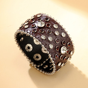 European American Retro Rhinestone Studded Wide <b>Leather</b> <b>Bracelet</b> Crocodile Pattern Punk Hip Hop Motorcycle Style - Product Image 4