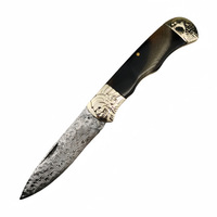 Couteau de poche Hongrui à lame Damas, couteau de camping pliable avec manche en cuivre blanc + corne de vache / os de vache