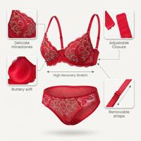 Ensemble de lingerie en dentelle brodée, culotte en dentelle florale, soutien-gorge demi-bonnet à armatures avec strass amovibles pour femme