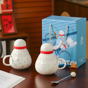 Custom <b>Badminton</b> Shaped Ceramic Mug with Lid and Spoon Creative Sports Style Gift Coffee Cup - Product Image 1
