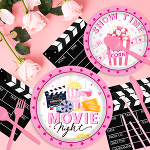 Huancai film soirée fête fournitures rose assiettes en papier tasses serviettes vaisselle jetable ensemble pour <span class=keywords><strong>anniversaire</strong></span> cinéma fête décorations - Product Image 6