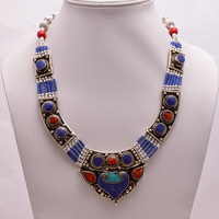 Collier vintage en argent tibétain pour femme avec pierres précieuses corail, turquoise et lapis-lazuli - Chaîne antique pour mariage, fiançailles, anniversaire, fête
