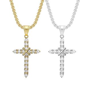 <b>Cross</b> Pendant Necklace Stainless Steel Zircon Inlay Unisex Hip Hop Jewelry Gold And Silver Tone - Product Image 1