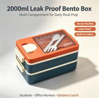 Boîte à bento multi-compartiments étanche de 2000 ml avec boucles de sécurité, conteneur pour repas pour étudiants, employés de bureau, préparation quotidienne des repas